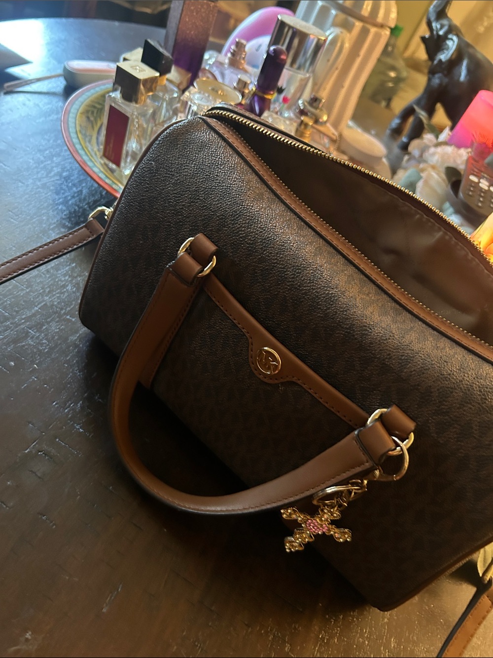 NWOT Michael Kors Brown Signature Logo Shoulder Satchel with Gold Cross Charm